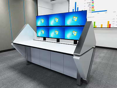 Modern Control Console Desk With Multiple Monitors And Wall Data Charts In Office 3d model