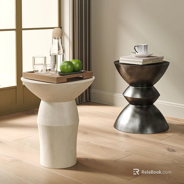 Stylish Side Tables With Tray Water Bottle Green Apples Books Cup White Dark Design Interior 3d model 