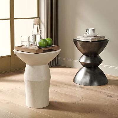 Stylish Side Tables With Tray Water Bottle Green Apples Books Cup White Dark Design Interior 3d model