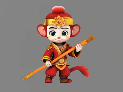 Cute Monkey King Game Movie Character with Red Outfit Golden Hat and Staff 3d model