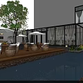 Luxurious Garden Landscape Featuring Swimming Pool Wooden Deck Wicker Chairs Glass Building And Trees