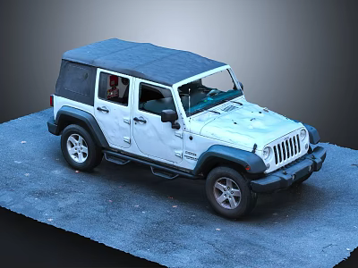 White Jeep With Black Soft Top Open Doors On Gray Pavement 3d model