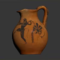 Orange Pottery Jug With Carved Black Figures And Floral Designs Sculpture