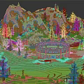 Cartoon Scene With Circular Stone Building Green Terraced Grass Pine Trees And Orange Rock Mountains
