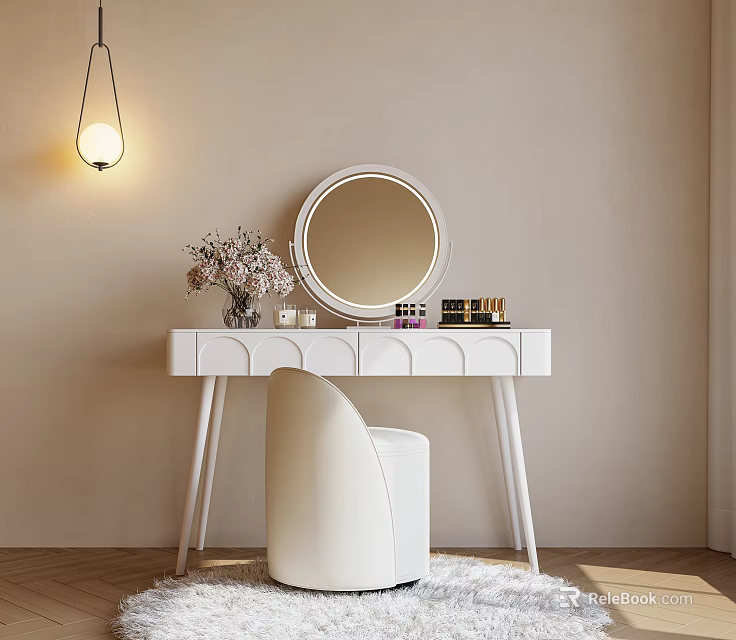 White Dressing Table with Curved Design Round Mirror Flower Vase and Cosmetics in Warm Sunlight 3d model 