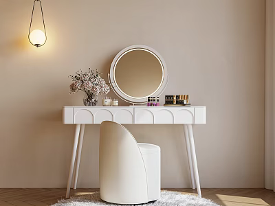 White Dressing Table with Curved Design Round Mirror Flower Vase and Cosmetics in Warm Sunlight 3d model