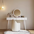 White Dressing Table with Curved Design Round Mirror Flower Vase and Cosmetics in Warm Sunlight