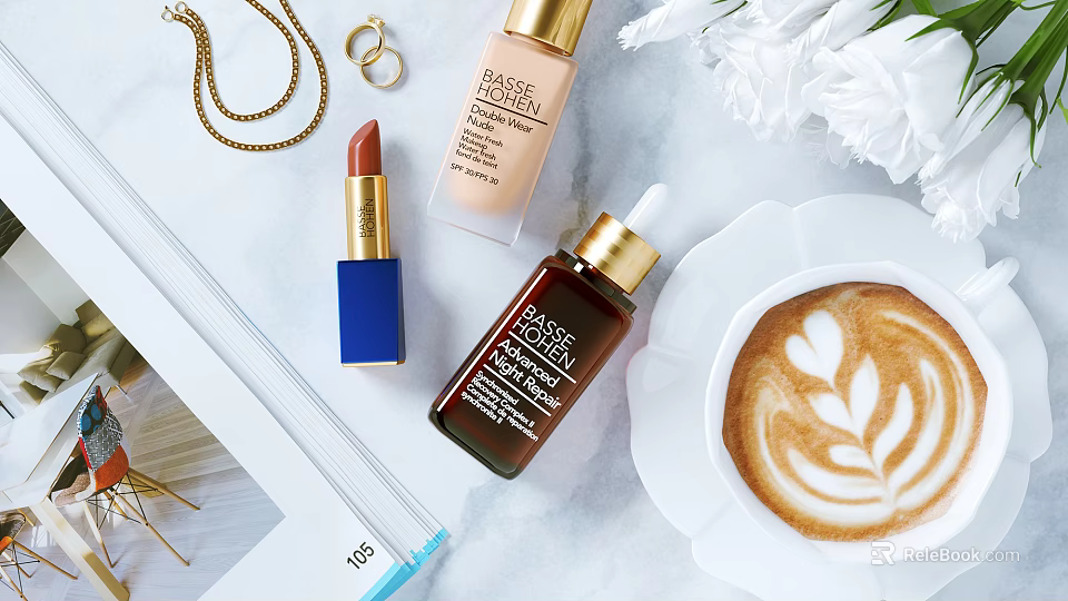 Elegant Cosmetics Display Featuring Lipstick Foundation Facial Serum Gold Necklace Rings White Flowers And Coffee 3d model 