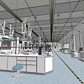 Modern Laboratory Interior With White Benches Blue Stools Reagent Bottles And Fume Hoods