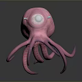 Pink Octopus With Large Green Eye Blue Spots And Long Tentacles On Dark Background