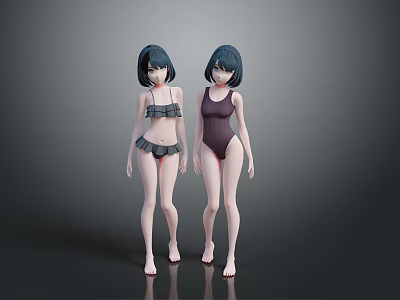 Two Women With Short Hair Wearing Bikini And One Piece Swimsuit In Gray Background 3d model