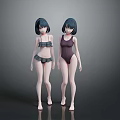 Two Women With Short Hair Wearing Bikini And One Piece Swimsuit In Gray Background