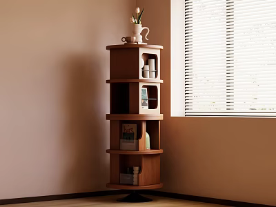 Rotating Wooden Multi Tiered Storage Shelf Near Window Blinds With Books Mug And Vase 3d model