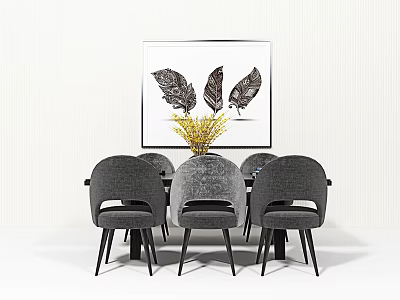 Modern Dining Table Set With Grey Chairs Feather Wall Art And Floral Centerpiece Decoration 3d model