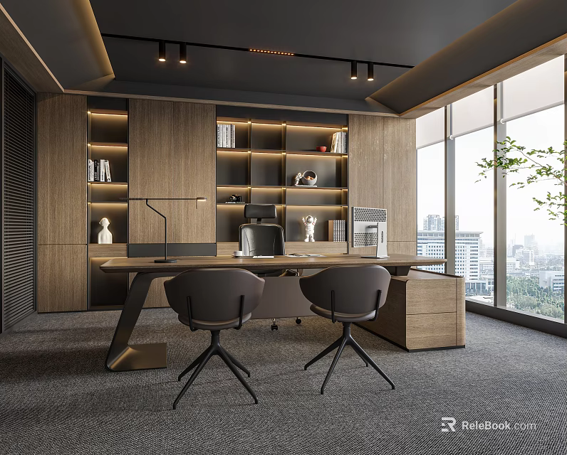Modern Open Office Interior With Wooden Bookshelves Desk And Chairs Large Windows And City View 3d model 