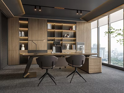 Modern Open Office Interior With Wooden Bookshelves Desk And Chairs Large Windows And City View 3d model