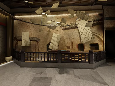 Traditional Cultural Exhibition Area With Hanging Ancient Scrolls Wooden Railing And Geometric Floor 3d model
