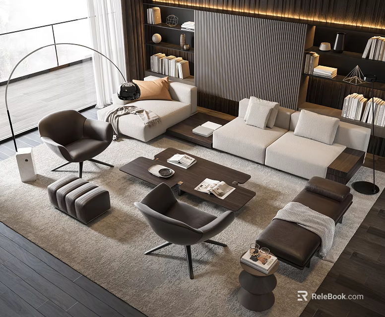 Modern Living Room Sofa Coffee Table Set With Cushions Chairs Ottoman And Bookshelves 3d model 