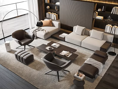 Modern Living Room Sofa Coffee Table Set With Cushions Chairs Ottoman And Bookshelves 3d model