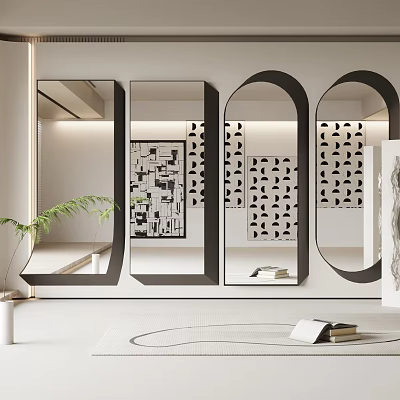 Modern Living Room With Multiple Different Shaped Mirrors And Decorative Paintings 3d model