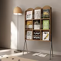 Modern Wooden Bookshelf With Stylish Books Floor Lamp And Open Book Design