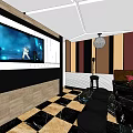 Modern KTV Room Interior With Brown Sofas Black Stools TV Screen And Geometric Walls