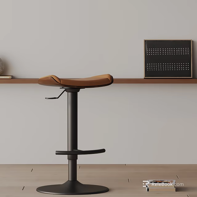 Modern Bar Stool With Brown Leather Seat And Black Metal Frame In Minimalist Setting 3d model 