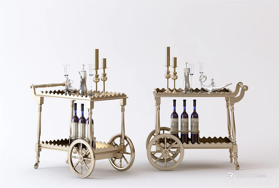 Elegant Golden Bar Carts With Candle Holders Wine Glasses And Bottles 3d model 