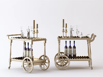 Elegant Golden Bar Carts With Candle Holders Wine Glasses And Bottles 3d model