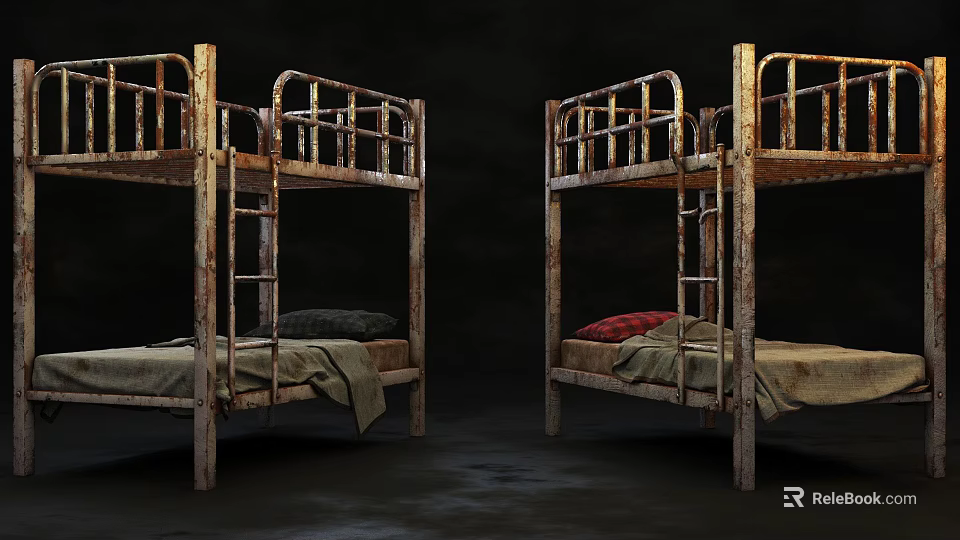 Old Rusted Bunk Beds With Mattresses And Blankets In Dim Room 3d model 