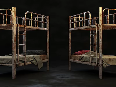 Old Rusted Bunk Beds With Mattresses And Blankets In Dim Room 3d model