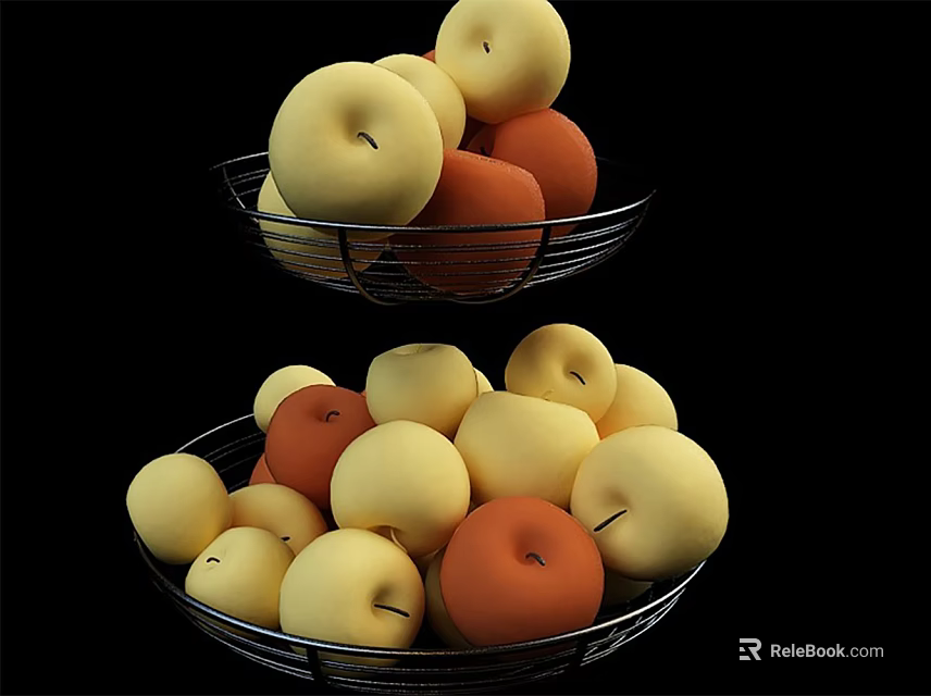 Ceramic Fruit Baskets Filled With Yellow And Orange Apples And Peaches 3d model 
