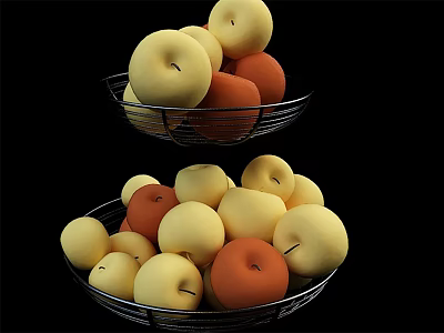 Ceramic Fruit Baskets Filled With Yellow And Orange Apples And Peaches 3d model
