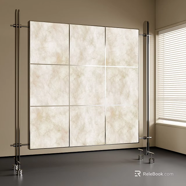 Modern Room Divider with Light Colored Textured Panels and Metal Frame Near Window 3d model 