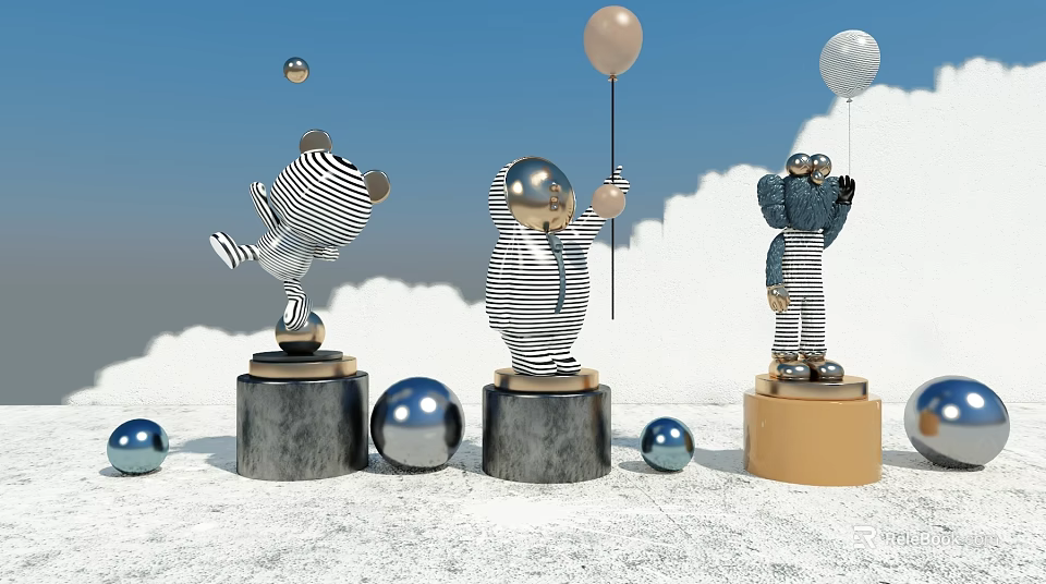Striped Patterned Statues Holding Balloons With Blue Sky White Clouds And Spheres 3d model 