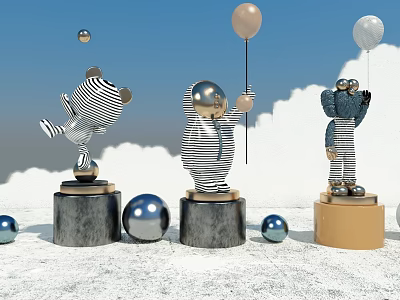 Striped Patterned Statues Holding Balloons With Blue Sky White Clouds And Spheres 3d model