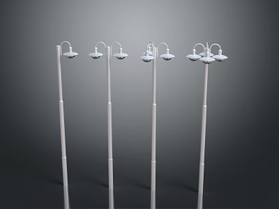 Six White Architectural Street Lamp Posts With Top Lamps On Grey Background 3d model