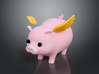Cute Pink Pig Figure with Yellow Wings on Dark Shiny Surface 3d model