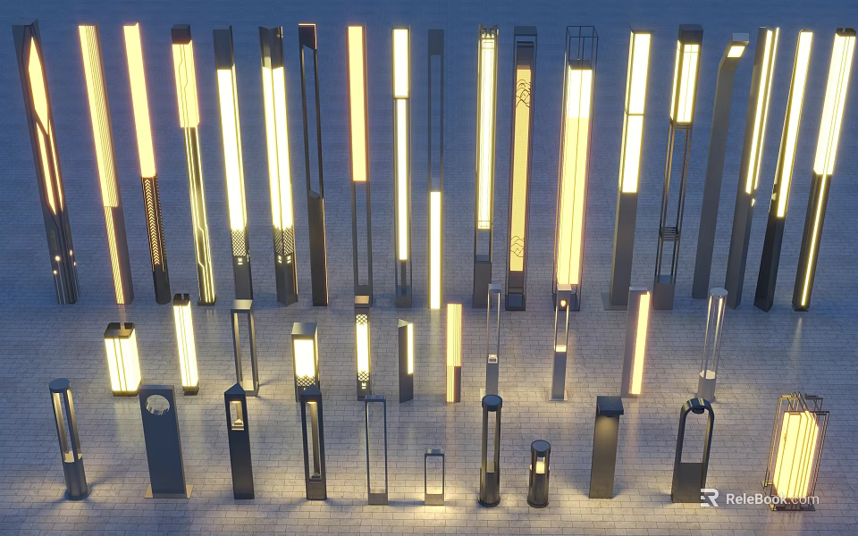 Diverse Modern Outdoor Lights With Decorative Designs And Various Heights For Garden Patio Lighting 3d model 