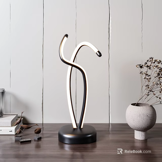 Modern Curved Black White LED Table Lamp On Wooden Desk With Gray Vase Dried Flowers 3d model 