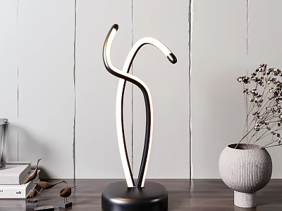 Modern Curved Black White LED Table Lamp On Wooden Desk With Gray Vase Dried Flowers 3d model