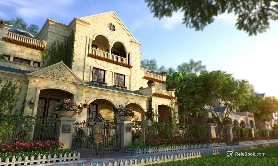 European style Townhouse With Beige Exterior Arched Windows And Wrought Iron Gate 3d model 