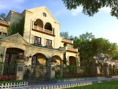 European style Townhouse With Beige Exterior Arched Windows And Wrought Iron Gate 3d model