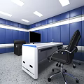 Monitoring Room Interior With Blue Striped Walls Control Desk And Black Chair