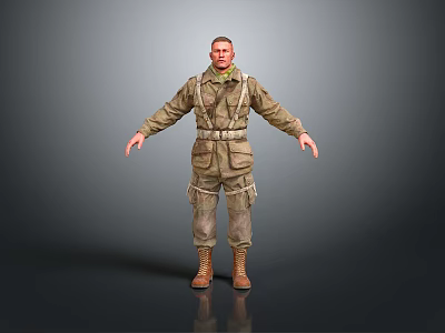 Man Standing in Military Uniform with Backpack and Gear on Gray Background 3d model