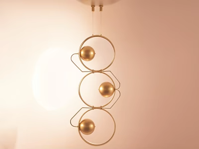 Modern Hanging Chandelier With Three Golden Sphere Lights And Circular Metal Frames 3d model