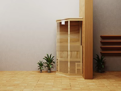 Elegant Wooden Steam Shower Sauna Interior With Green Plants And Wooden Floor 3d model