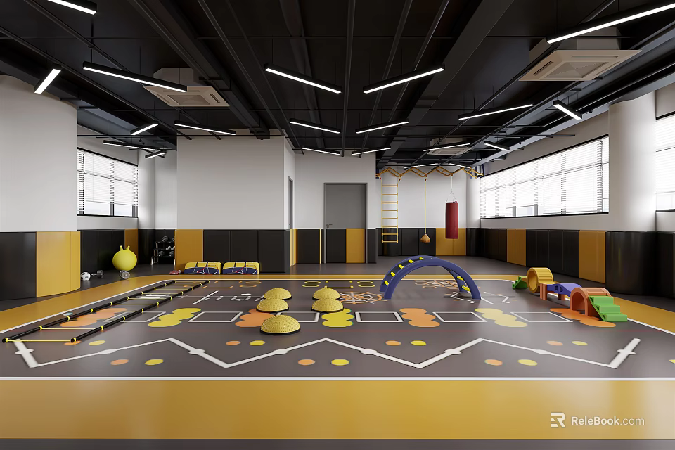 Indoor Kids Play Space With Colorful Equipment Arch Blocks And Yellow Black Floor Patterns 3d model 