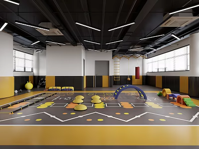 Indoor Kids Play Space With Colorful Equipment Arch Blocks And Yellow Black Floor Patterns 3d model
