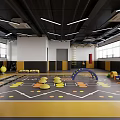 Indoor Kids Play Space With Colorful Equipment Arch Blocks And Yellow Black Floor Patterns